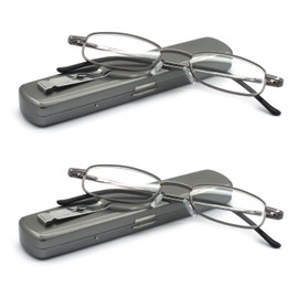 EYE ZOOM 2 Pairs Lightweight Portable Metal Reading Glasses with Pocket Case for Men Women, Gunmetal, +1.00 Strength