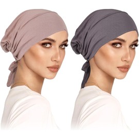 Pack of 2 Turban Women's Undercap Hijab Cap Underscarf Hijab Classic Slouch Beanie Hat Islamic Muslim with Tie Back Solid Colour Hijab Hat Headwear Chemo Headscarf Sleep Hat, Khaki+Dark Grey