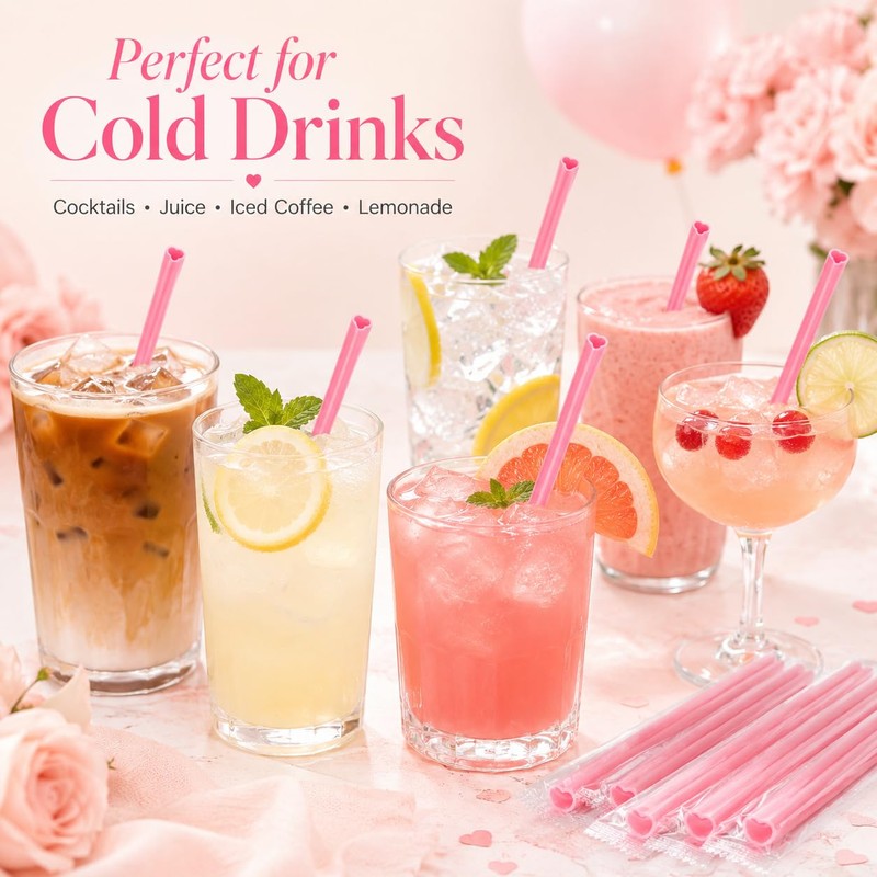 100 Pcs Heart Shaped Pink Straws, Individually Wrapped Disposable Plastic