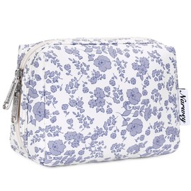 Narwey Small Cute Floral Makeup Bag for Purse Mini Cosmetic Bag Travel Makeup Pouch Zipper Pouch Cute Make up Bags with Compartments for Women Girls (Little Grayish Blue Flower, Small)