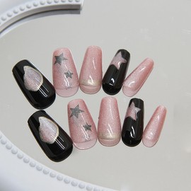 Shiny Star Press on Nails Short Square, Glossy Pink Gradient False Nails with Star Glitter Design, Gel Glue on Nails, Sparkly Stars Medium Artificial Nails Glue on Nails for Women Nail Art Decoration