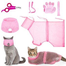 Patelai 5 Pcs Cat Bathing Bag Set Cat Grooming Bag Adjustable Pet Shower Net Muzzles Nail Clipper Tick Remover Tool Massage Brush(Pink)