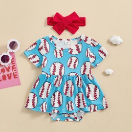Chloefairy Newborn Baby Girl Baseball Outfit Short Sleeve Romper A Line Baseball Dress Headband Infant Summer Clothes (Blue, 12-18 Months)