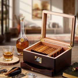 GLENCREAG MMT-3041 Cigar Humidor Box for 25 to 55 Counts, See-through Design with Spanish Cedar Lining & Divider, Digital Hygrometer, Accessory Drawer & Humidifier, Gift for Cigar Aficionado