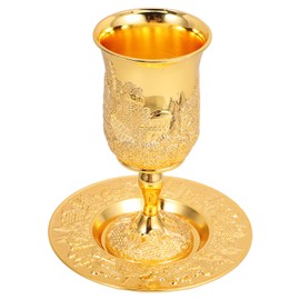 Luxshiny Judaica Elegant Metal Kiddush Cup - Classic Footed Kiddush Cup with Saucer Tray Stemmed Chalice
