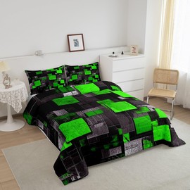 Feelyou Full Size Geometric Grid Comforter Set Green Black Bedding Set Abstract Art Comforter Boys Girls Geometrics Duvet Insert Kids Bedroom Decor 3Pcs
