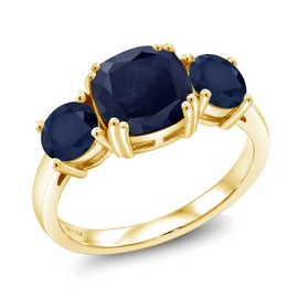 Gem Stone King 18K Yellow Gold Plated Silver Blue Sapphire 3 Stone Engagement Ring For Women (4.02 Cttw, Gemstone September Birthstone, Cushion 8MM, Size 7)