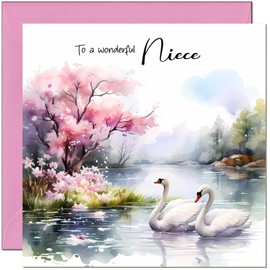 Special Niece Birthday Card for Women Female Ladies Elegant Watercolour Swans Birthday Cards for Niece