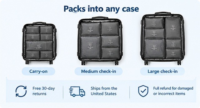 The cubes packed into a carry-on, a medium check-in and a large check-in case