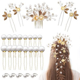 26 Pcs Bridal Hair Accessories, Gold Bridal Pearl Hair Clips Hair Pins, Wedding Hair Clips Pearl Barrettes Pearl Bride Hair Combs Hair Accessories for Women Brides Bridesmaids