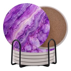 Purple Agate Marble Round Coasters Set of 6 - Abosrbent Ceramic Coasters with Metal Stand for Drinks, Coffee, Non-Slip Cork Back for Tabletop Protection, 4 Inches Marbled Pattern (Agate)