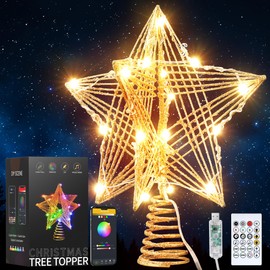 ODEETRONIC Smart Christmas Tree Topper, 8" RGB Star Tree Topper, 20LED 3D Hollow Color Changing Lighted Tree Top, APP & Remote Control Music Sync Gold Glitter Tree Topper for Xmas Indoor Party Holiday