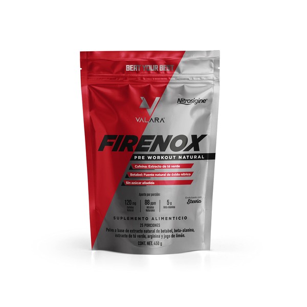 Valara Firenox Pre Workout 100% Natural de Betabel | 450 gr | 25 servicios | 120mg de Cafeína de origen natural por porción | 5g Beta Alanina | Suplemento Pre entreno