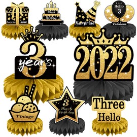 3th Birthday Decorations Set, 2022 Table Toppers for Girls Boys Birthday Party Supplies, Happy 3 Year Old Table Decoration for Daughter Son, 9Pcs Black & Gold Honeycomb Centerpieces