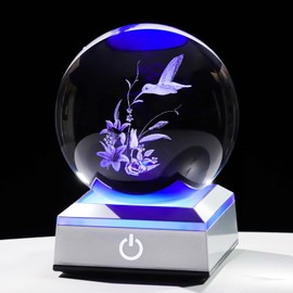 3.15'' 3D Crystal Ball Engraved Hummingbird and Tiger Lily with LED Light Base, Hummingbird Gifts for Women Tiger Lily Gifts for Mom Hummingbird and Lily Figurines Night Light for Home Office Decor