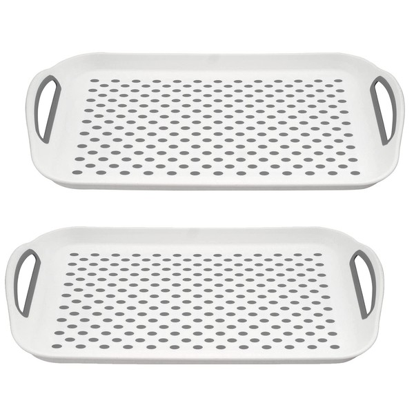HOMESHOPA - 2 x Non-Slip Rectangular Anti-Slip Serving Tray with High Grip Surface Base and Easy Grip Handles/Ideal for Dinner Tea Drinks, White Plastic & Grey Rubber Dots