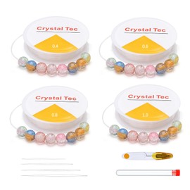 YOUNIEYO 4 Rolls Bracelet String Kit 0.4mm 0.6mm 0.8mm 1mm Clear String Elastic for Jewellery Making Necklace Bracelet Beading Thread DIY Craft Projects with Beading Needle and Yarn Scissors