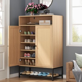 Gyfimoie Rattan Shoe Organizer with Doors, Shoe Storage Cabinet with Adjustable Shelves for Entryway, 7-Tier Entryway Shoe Rack Storage for Hallway, Closet, Living Room