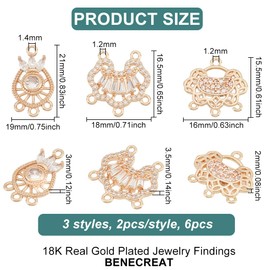 BENECREAT 6pcs 3 Styles 18K Gold Plated Brass Connector Longevity Lock Charms Micro Pave Cubic Zirconia Links Crown Links with 4 Loop for Bracelets Necklace, Jewelry Making