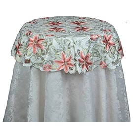 Creative Linens Embroidered Lily Daisy Floral Tablecloth Topper 33" Round Ivory Holiday