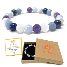 Connecting with Angels Bracelet - Stretch Gemstone Bracelet - Soul Cafe Gift Box & Tag - Angelite, Selenite, Lapis Lazuli, Moonstone, Amethyst, Blue Lace Agate
