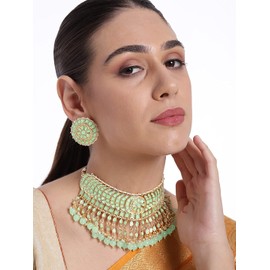 I Jewels Womens 18K Gold Plated Indian Wedding Bollywood Kundan & Pearl Studded Choker Necklace Set (K7210Fmin) Full Mint