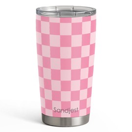 SANDJEST Checkered Tumbler 20oz Stainless Steel Insulated, Checker Travel Coffee Cup, Bow Gifts for Women Girls Teen, Birthday Christmas (Pink)