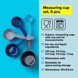 Tasty 5-Piece Measuring Cups Set for Baking, Nesting Cups Set, Plastic Measure Cups Set, Baking Measuring Cups, Baking Gadgets, Dimensions: 1/8, 1/4, 1/3, 1/2, 1 Cup, Colours: Light Blue, Blue, Grey