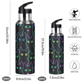 senya 20 Oz Water Bottle with Straw Colorful Neon Cat Stainless Steel Water Bottle for Traveling Sports Leakproof Insulated Water Bottle