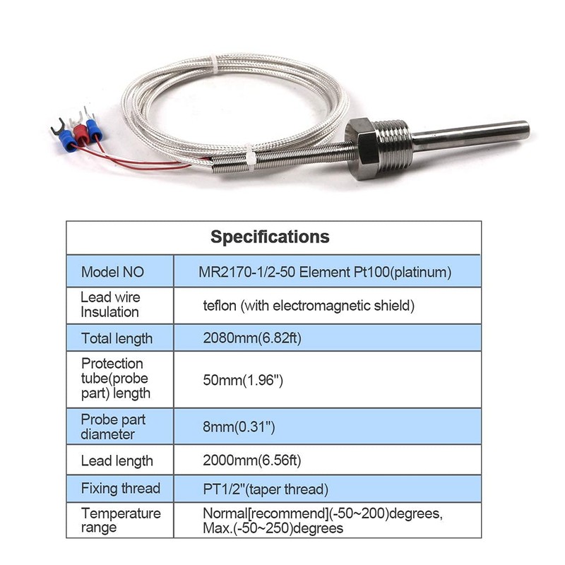 ATOPLEE 1pc Temperature Sensor Probe,Stainless Steel Waterproof Pt100 Ohm Probe