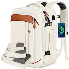 Vancropak Travel Backpack for Women, Airline Approved Carry On Backpack with 3 Packing Cubes, Expandable Large 40L Travel Bag fits 17" Laptop, Anti Theft Luggage Suitcase Weekend Daypack, White Brown