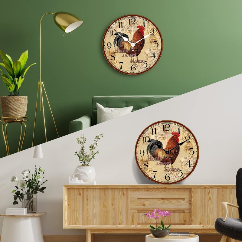 TAHEAT 14 Inch Rustic Rooster Wall Clock Retro Silent Non