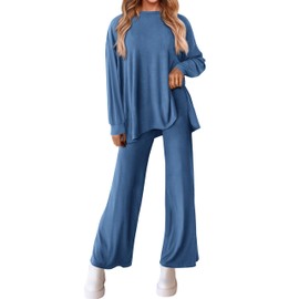 PRETTYGARDEN Womens 2025 Casual Lounge Sets Long Sleeve Tops Wide Leg Long Pants Fall Crewneck 2 Piece Outfits Tracksuits(Blue,X-Large)