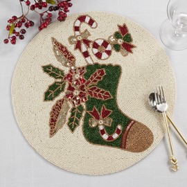 Fennco Style Hand Beaded Christmas Stocking Holiday Placemat 15" Round, 1-Piece - Red & Green Table Mat for Banquets, Holiday, Special Events and Home Décor