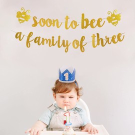 KUNGOON Soon To Bee a Family of three Banner, Gold Glitter Welcome Baby Party Paper Banner,Bumble Bee Theme Baby Shower/Mommy to Bee/Daddy to Bee Party Supplies Decoration(Gold).
