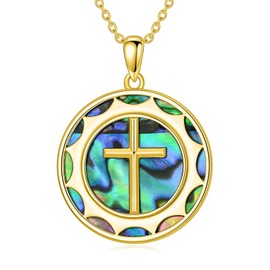 JBAERD Cross Necklace 925 Sterling Silver Round Sun Cross Pendant Abalone Shell Necklace Religious Faith Jewelry Gifts for Women and Men（golden）