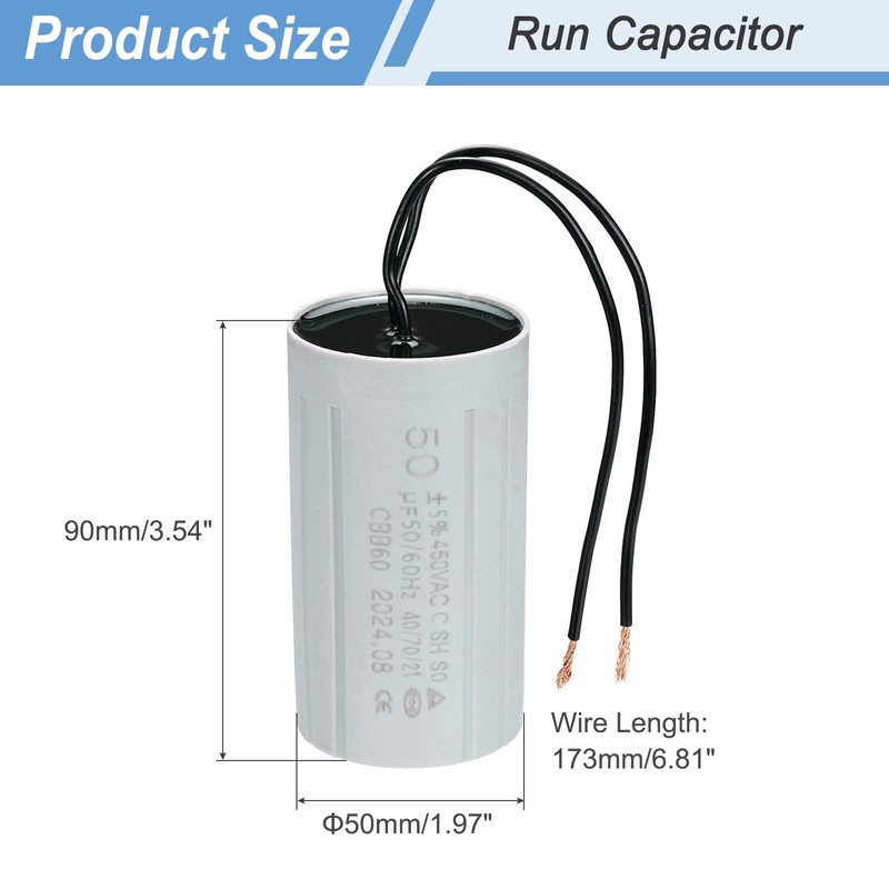 PATIKIL CBB60 50uF Running Capacitors, AC 450V 2 Wires 50/60Hz