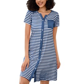Marvmys Women’s Nightdresses Soft Cotton Nightshirt Stripe Sleep Dress Button-Up V Neck Sleepwear Nightgown Summer Loungwear Blue-1 XXL