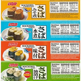 Nissui Canned Mackerel Sampler Pack | Ajitsuke (Soy Sauce), Misoni (Soybean Paste), Mizuni (Brine), Aburazuke (Oil) | 6.7 Oz Each