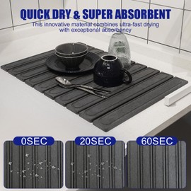 Hopegiver Dark Gray Stone Drying Mat for Kitchen Counter, 23.62"x15.35" Engraved Design Quick Dry Stone Mat, Super Absorbent Diatomaceous Earth Dish Drying Mat for Kitchen Bathroom, with Sanding Tools