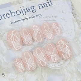 Pearl Ribbon Handmade Nail Tips - Square M / 진주 리본 수제네일팁 - 스퀘어M