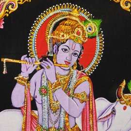 Lord Krishna Indian Decor Cotton Tapestry Poster Size Black Wandbehang 42 "x 30"