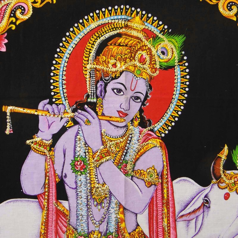 Lord Krishna Indian Decor Cotton Tapestry Poster Size Black Wandbehang