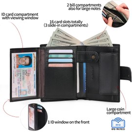 SENDEFN Men's Wallets with RFID Protection, Large Genuine Leather Wallet Men's in Portrait Format, Trifold Wallet for Men, Wallet with 16 Card Slots and Coin Compartment, Af-black matte, Modern