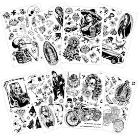 Tatuajes temporales de cholo para adultos, 8 hojas, más de 180 tatuajes falsos grandes, chicana, guadalupe, gánster, prisionero, México, decoraciones para fiestas chicanas, ropa de cholo