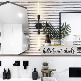 DOFAFALA MayAvenue Farmhouse Bathroom Decor Box Hello Sweet Cheeks Double Sided Wooden Toilet Paper Holder Tissue Box with Handles, Bathroom White Signs