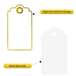Anwyll Gift Tags with String Attached,100Pcs Gold Foil Metallic Hang Paper Gift Wrap Tags,White Gift Bag Tags,Blank Merry Christmas Gift Label Tag for Present Birthday Wedding Baby Shower Party Favors