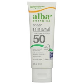 Alba Botanica Loción mineral de protección solar SPF 50, amplio espectro, sin fragancia, 3 onzas líquidas (el embalaje puede variar)