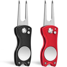 Mile High Life 2 Pack Golf Divot Repair Tool w Magnetic Golf Ball Marker | All Metal Foldable Divot Tool w Pop-up Button | Golf Accessories for Men (Black/Red)