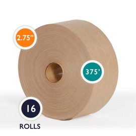 PackageZoom Water Activated Reinforced Kraft Paper Gummed Tape, 2.75 Inches x 375 Feet x 16 Brown Rolls (6,000 Feet in Total)